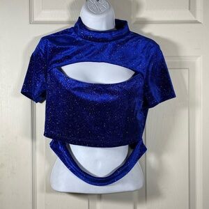 Allegra K Royal Blue Glitter Cut-Out Crop Top